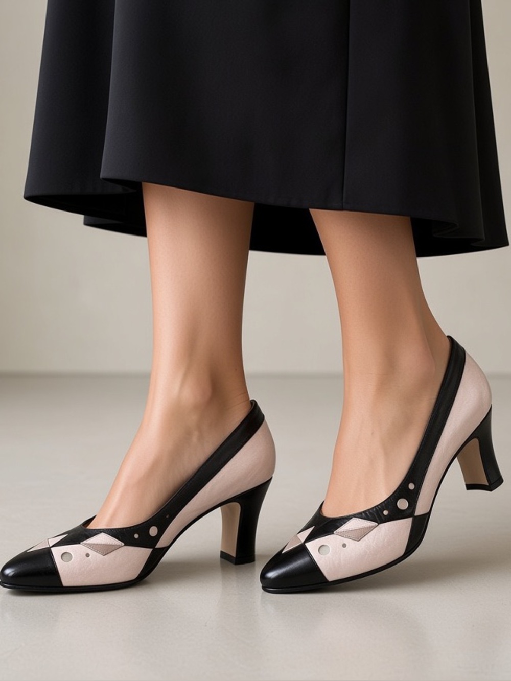 Margaret Jerrold Black Beige Leather Pointed Toe designer heels Spain Sz  8.5